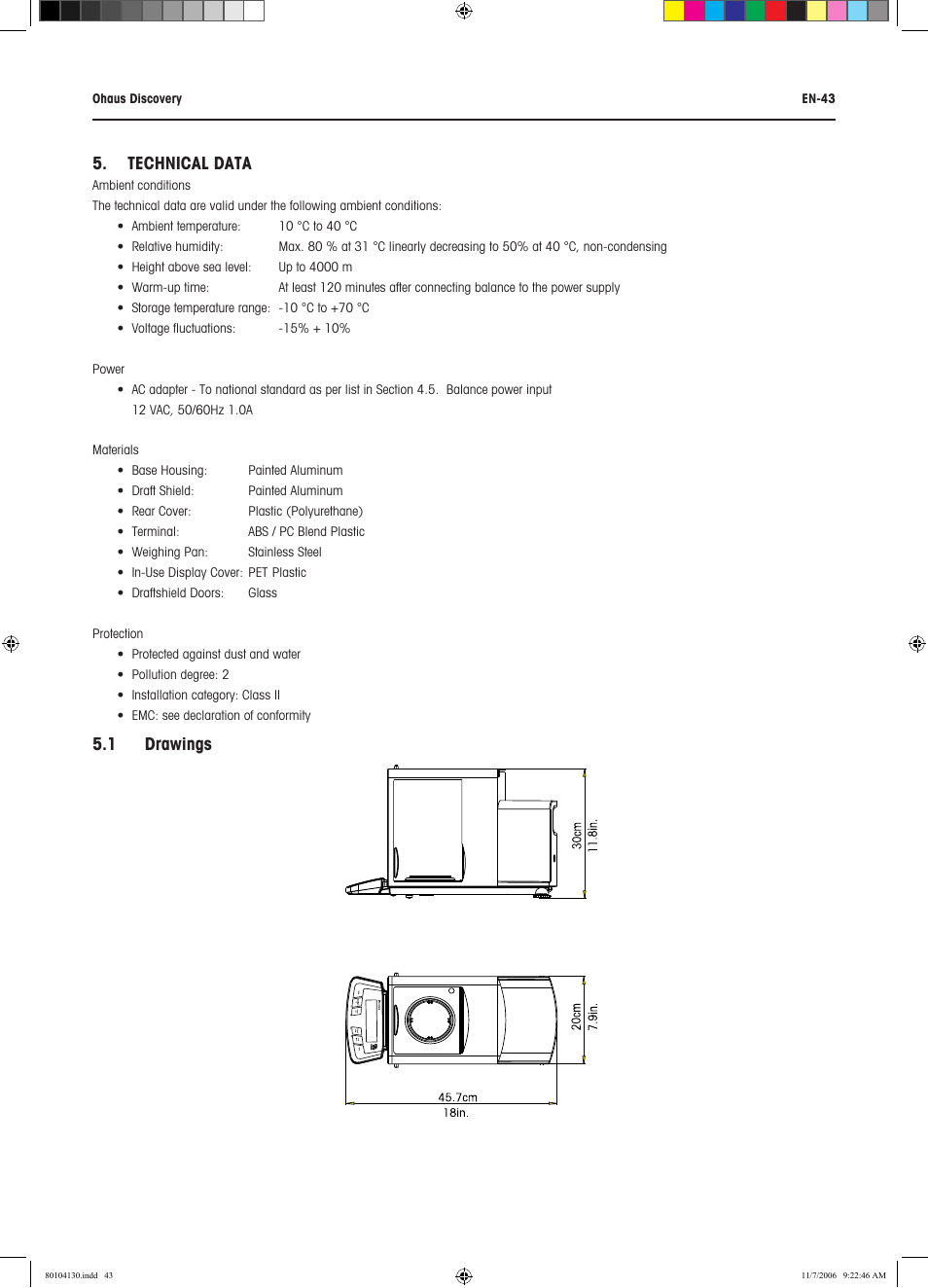 Technical data, 1 drawings | Rice Lake Discovery Series Semi-Micro and Analytical, Ohaus User Manual | Page 47 / 52