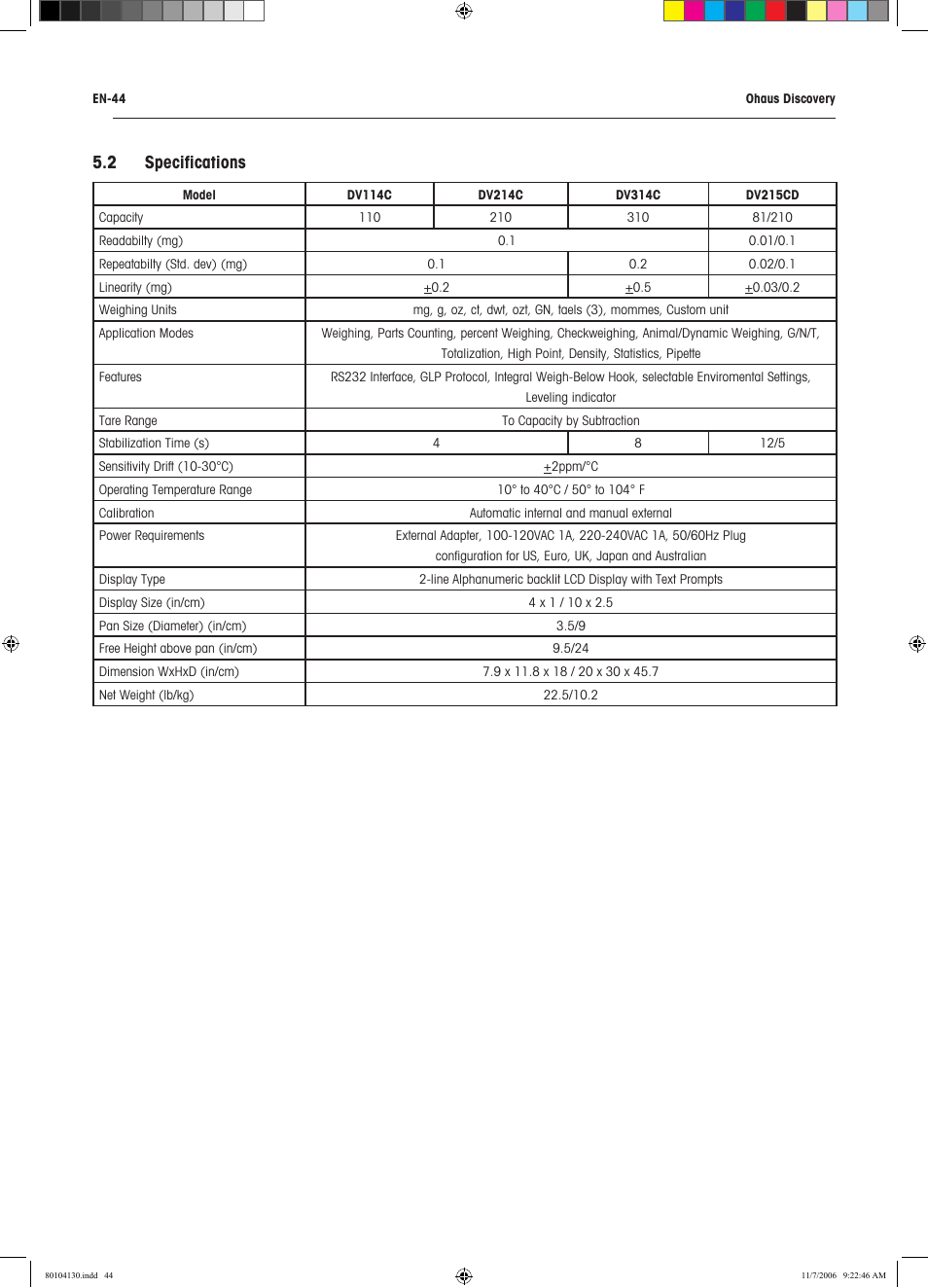 2 specifications | Rice Lake Discovery Series Semi-Micro and Analytical, Ohaus User Manual | Page 48 / 52