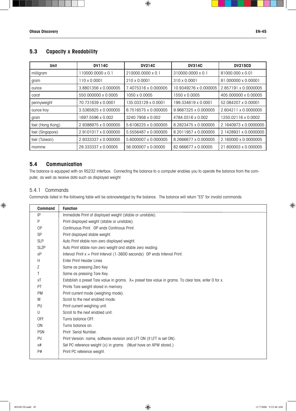 3 capacity x readability, 4 communication | Rice Lake Discovery Series Semi-Micro and Analytical, Ohaus User Manual | Page 49 / 52