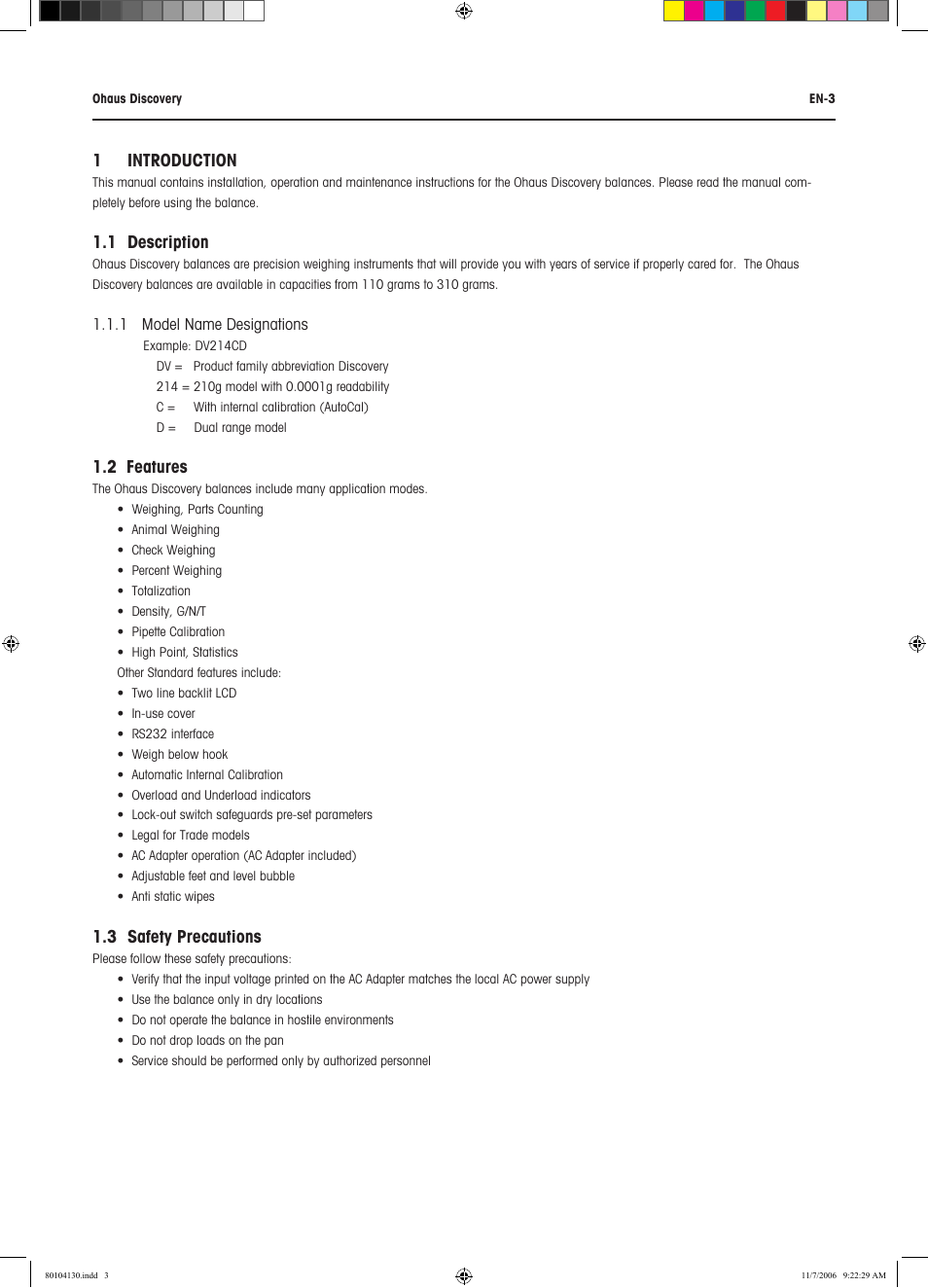 1 introduction, 1 description, 2 features | 3 safety precautions | Rice Lake Discovery Series Semi-Micro and Analytical, Ohaus User Manual | Page 7 / 52