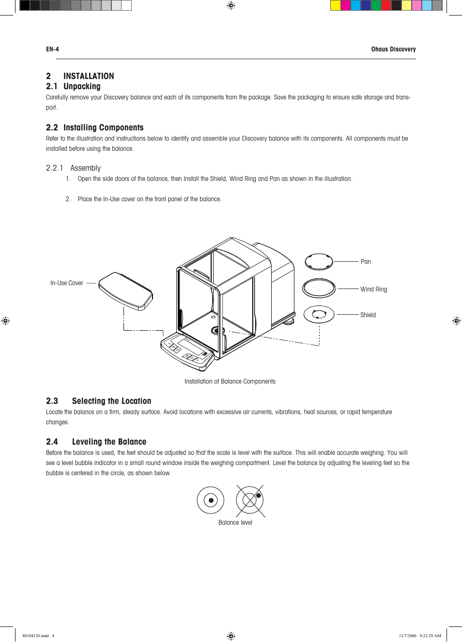 2 installation 2.1 unpacking, 2 installing components, 3 selecting the location | 4 leveling the balance | Rice Lake Discovery Series Semi-Micro and Analytical, Ohaus User Manual | Page 8 / 52
