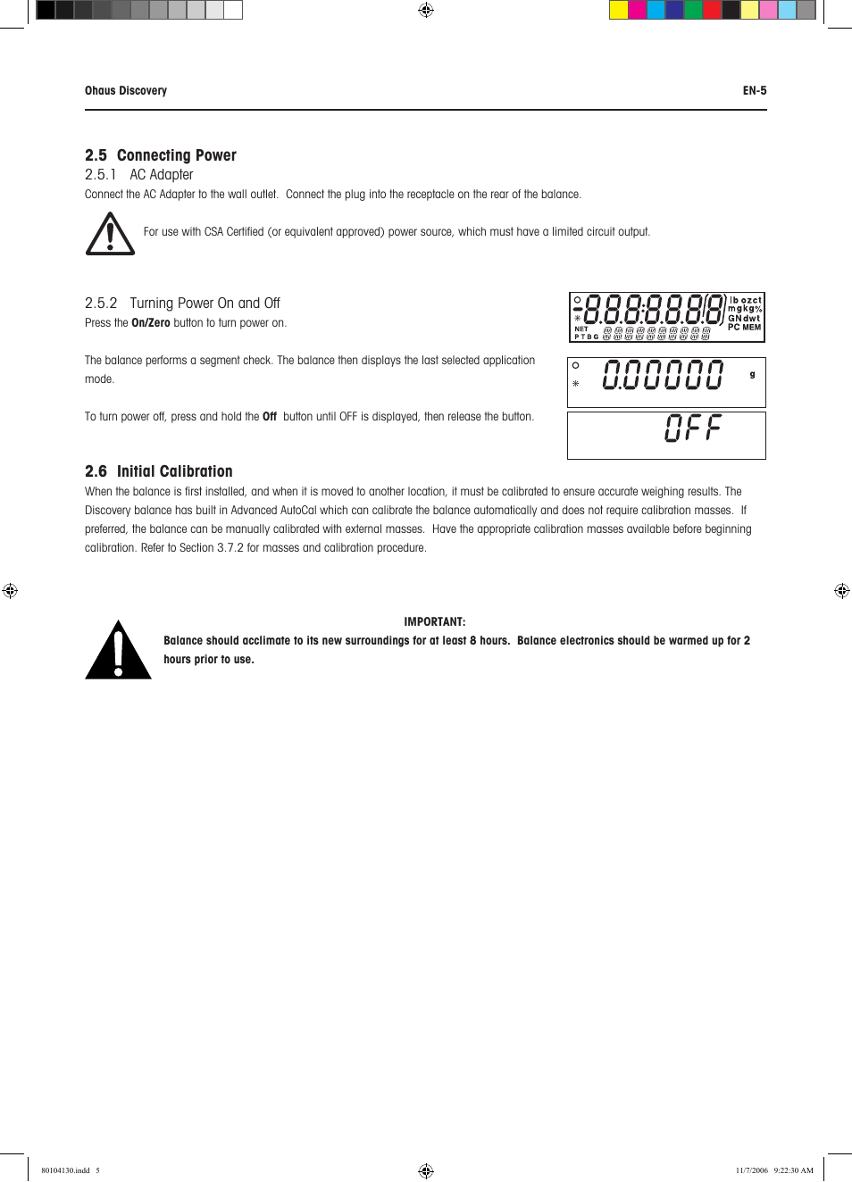 5 connecting power, 6 initial calibration | Rice Lake Discovery Series Semi-Micro and Analytical, Ohaus User Manual | Page 9 / 52