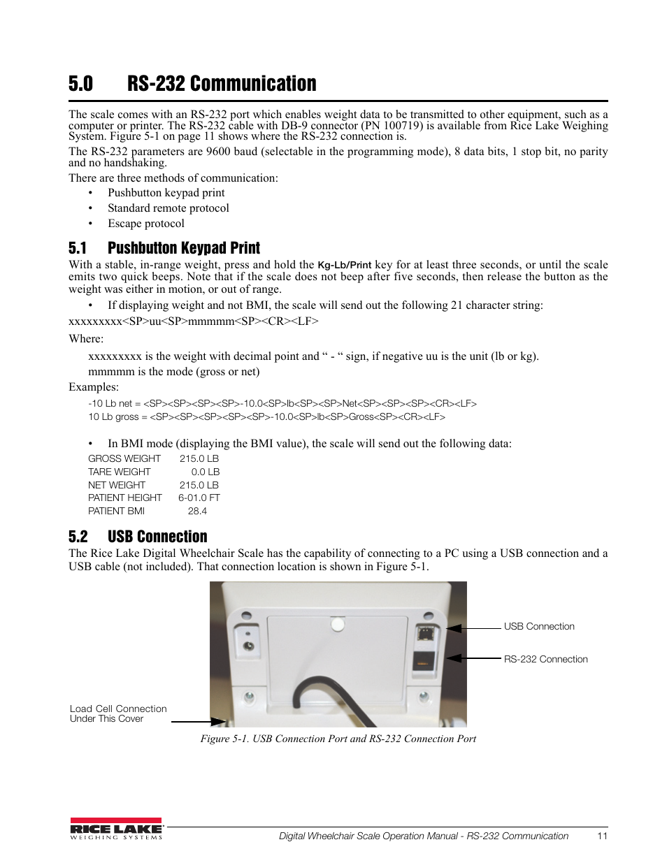 0 rs-232 communication, 1 pushbutton keypad print, 2 usb connection | Rice Lake Dual Ramp Wheelchair Scale (350-10-3) - RL350-10 Operation Instructions User Manual | Page 15 / 24