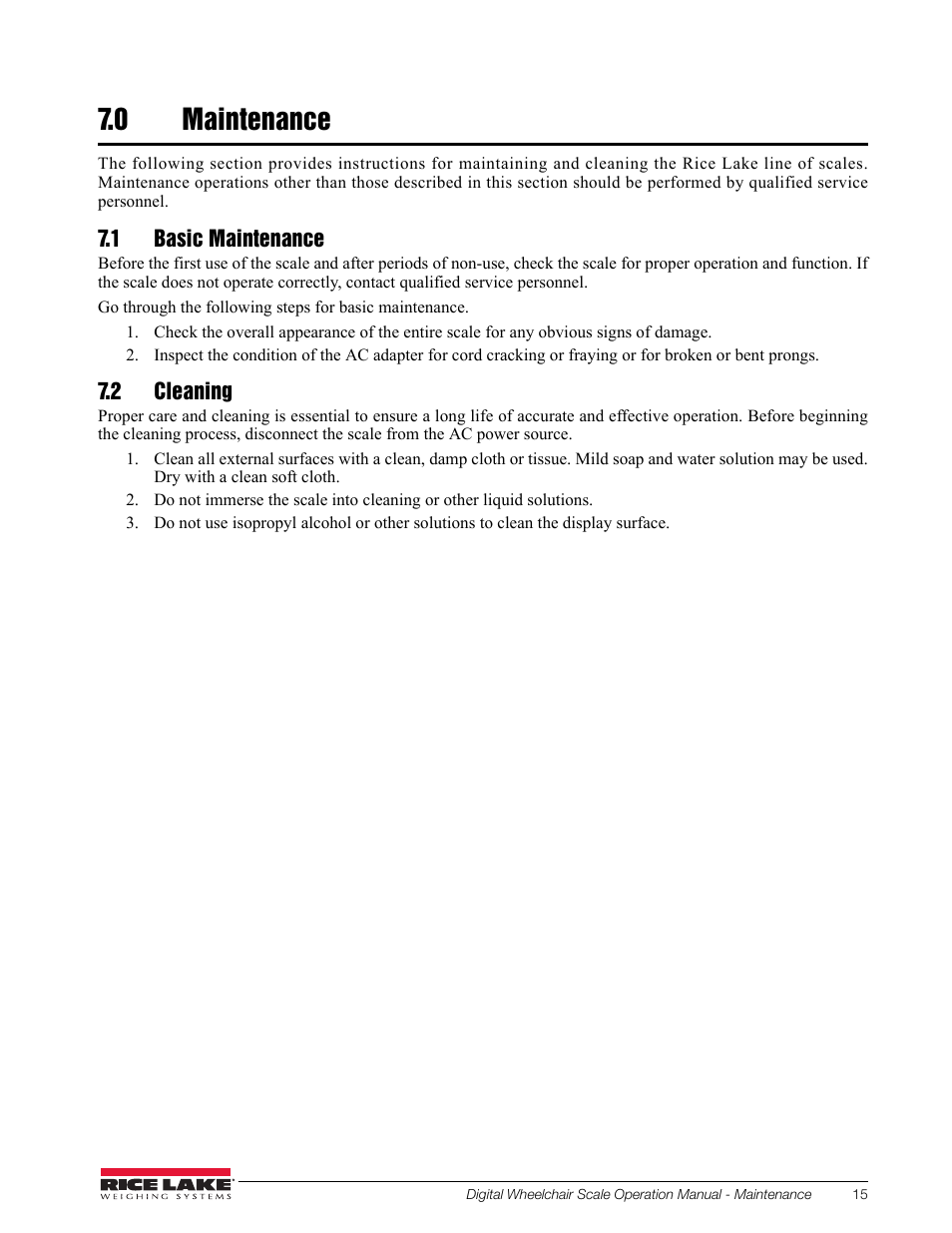 0 maintenance, 1 basic maintenance, 2 cleaning | Rice Lake Dual Ramp Wheelchair Scale (350-10-3) - RL350-10 Operation Instructions User Manual | Page 19 / 24