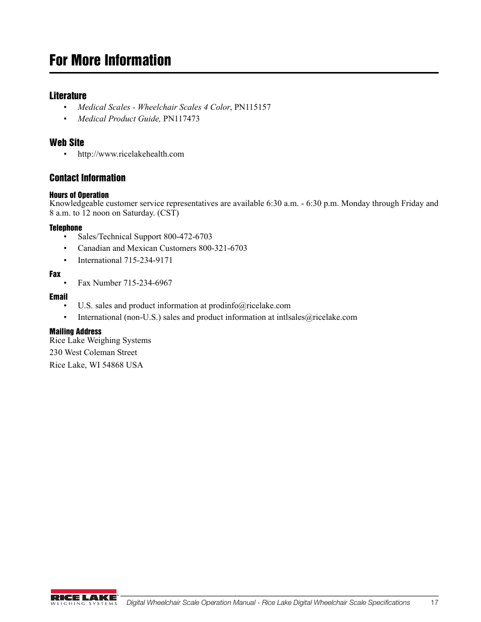 For more information | Rice Lake Dual Ramp Wheelchair Scale (350-10-3) - RL350-10 Operation Instructions User Manual | Page 21 / 24