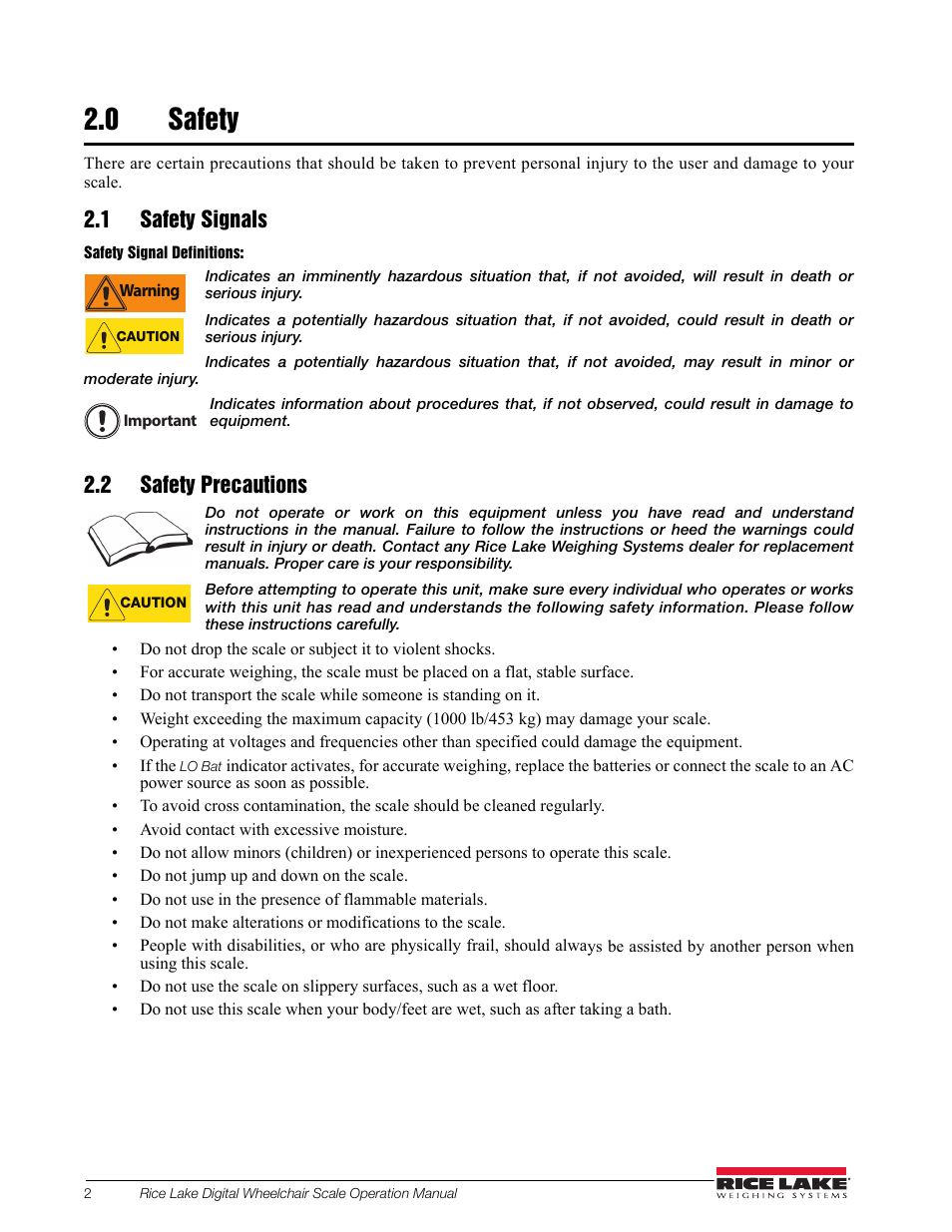 0 safety, 1 safety signals, 2 safety precautions | Rice Lake Dual Ramp Wheelchair Scale (350-10-3) - RL350-10 Operation Instructions User Manual | Page 6 / 24