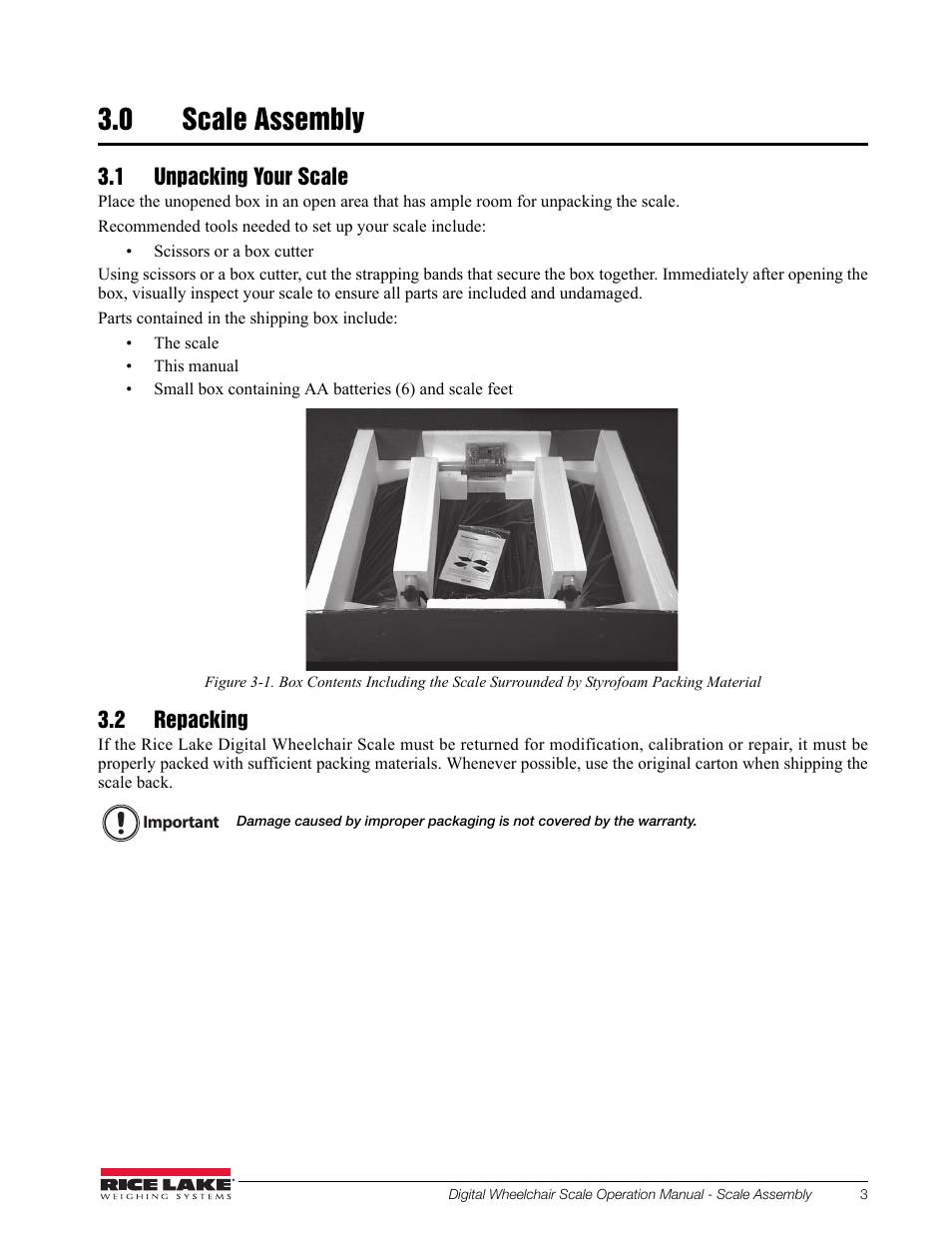 0 scale assembly, 1 unpacking your scale, 2 repacking | Rice Lake Dual Ramp Wheelchair Scale (350-10-3) - RL350-10 Operation Instructions User Manual | Page 7 / 24