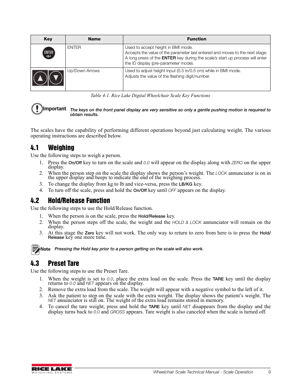 1 weighing, 2 hold/release function, 3 preset tare | Rice Lake Dual Ramp Wheelchair Scale (350-10-3) - RL350-10 Technical & Operating Instructions User Manual | Page 13 / 34