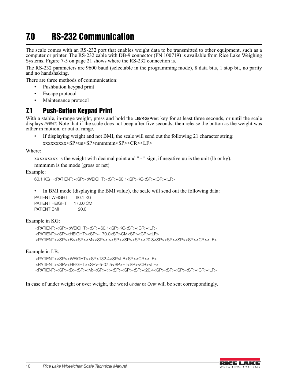 0 rs-232 communication, 1 push-button keypad print | Rice Lake Dual Ramp Wheelchair Scale (350-10-3) - RL350-10 Technical & Operating Instructions User Manual | Page 22 / 34