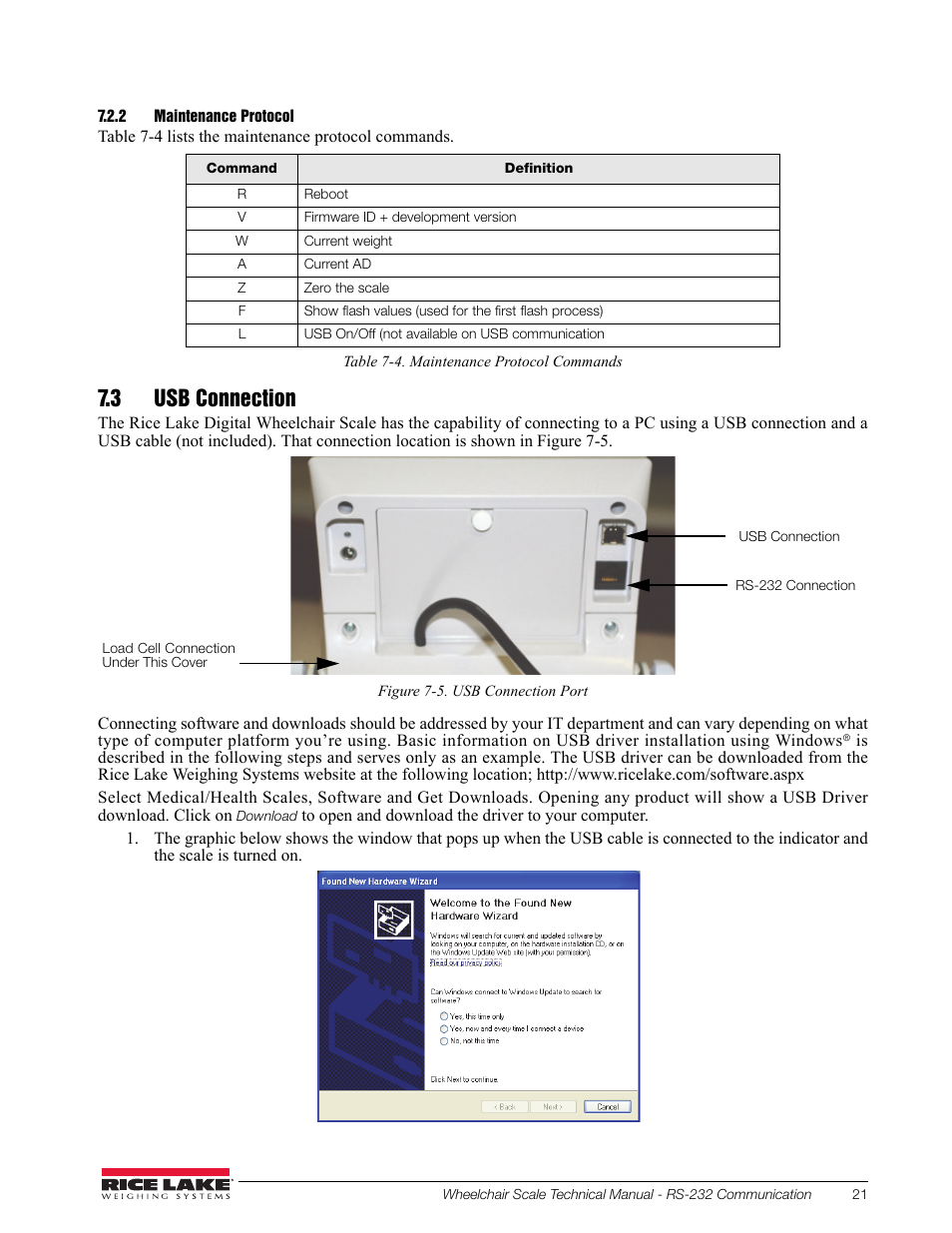 2 maintenance protocol, 3 usb connection | Rice Lake Dual Ramp Wheelchair Scale (350-10-3) - RL350-10 Technical & Operating Instructions User Manual | Page 25 / 34