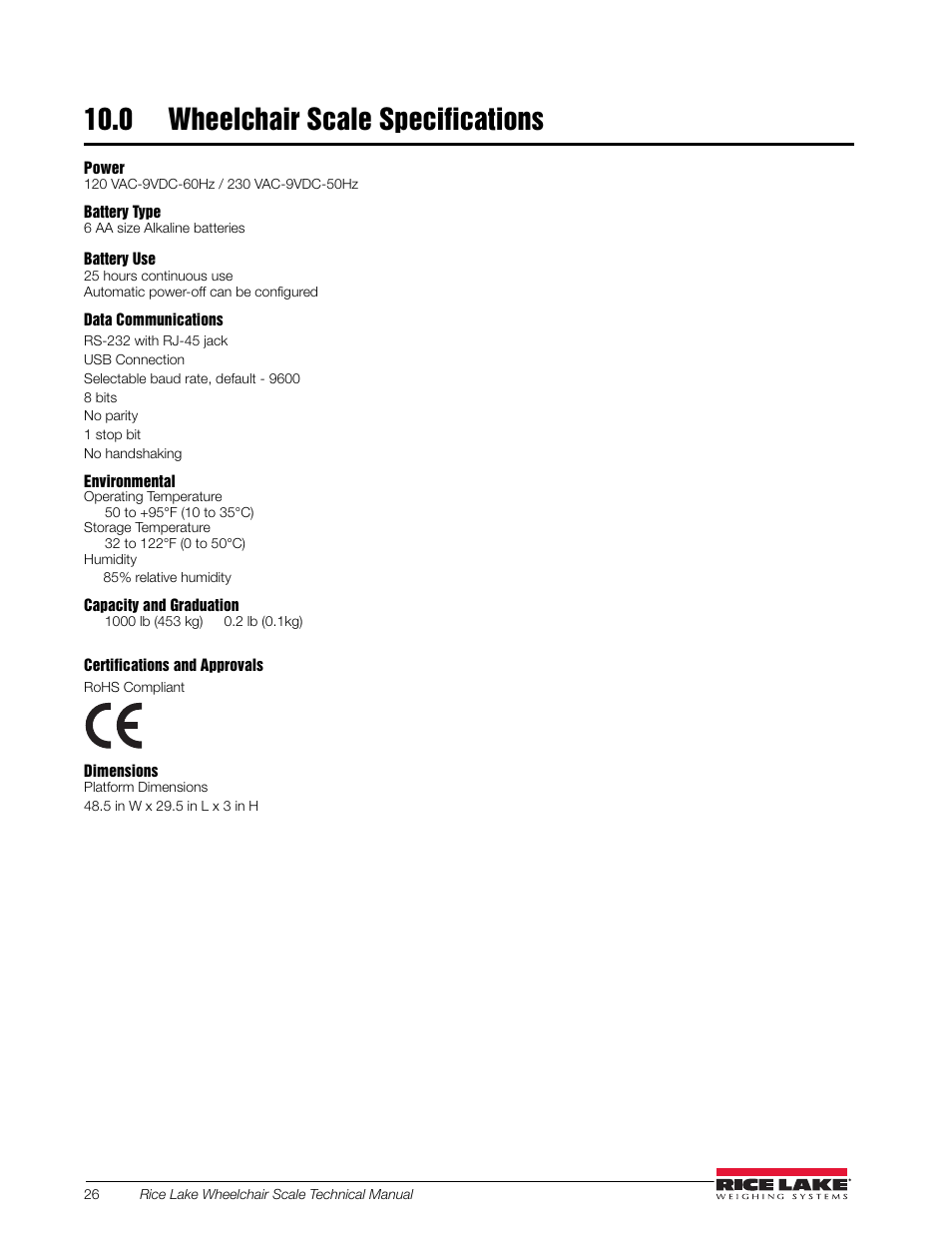 0 wheelchair scale specifications | Rice Lake Dual Ramp Wheelchair Scale (350-10-3) - RL350-10 Technical & Operating Instructions User Manual | Page 30 / 34