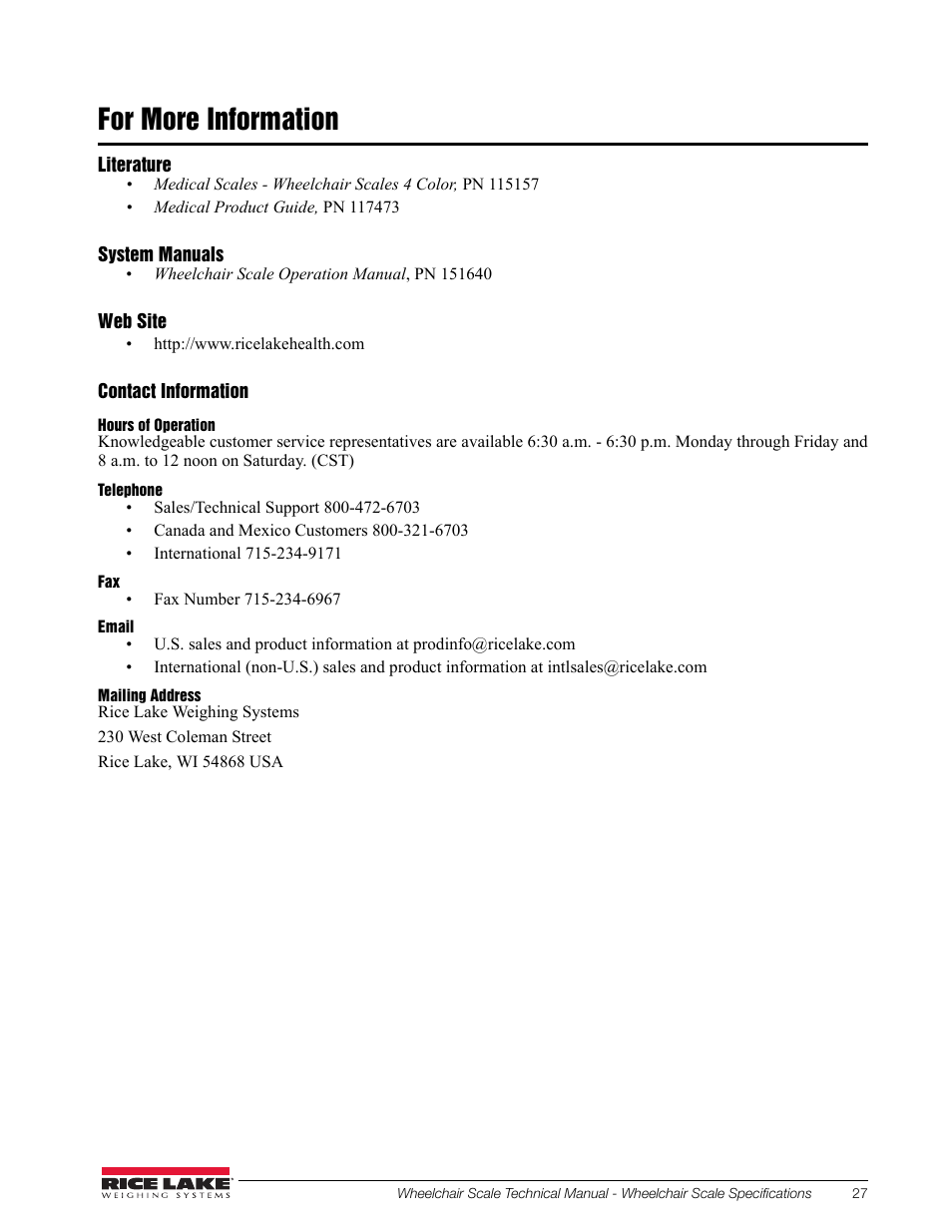 For more information | Rice Lake Dual Ramp Wheelchair Scale (350-10-3) - RL350-10 Technical & Operating Instructions User Manual | Page 31 / 34