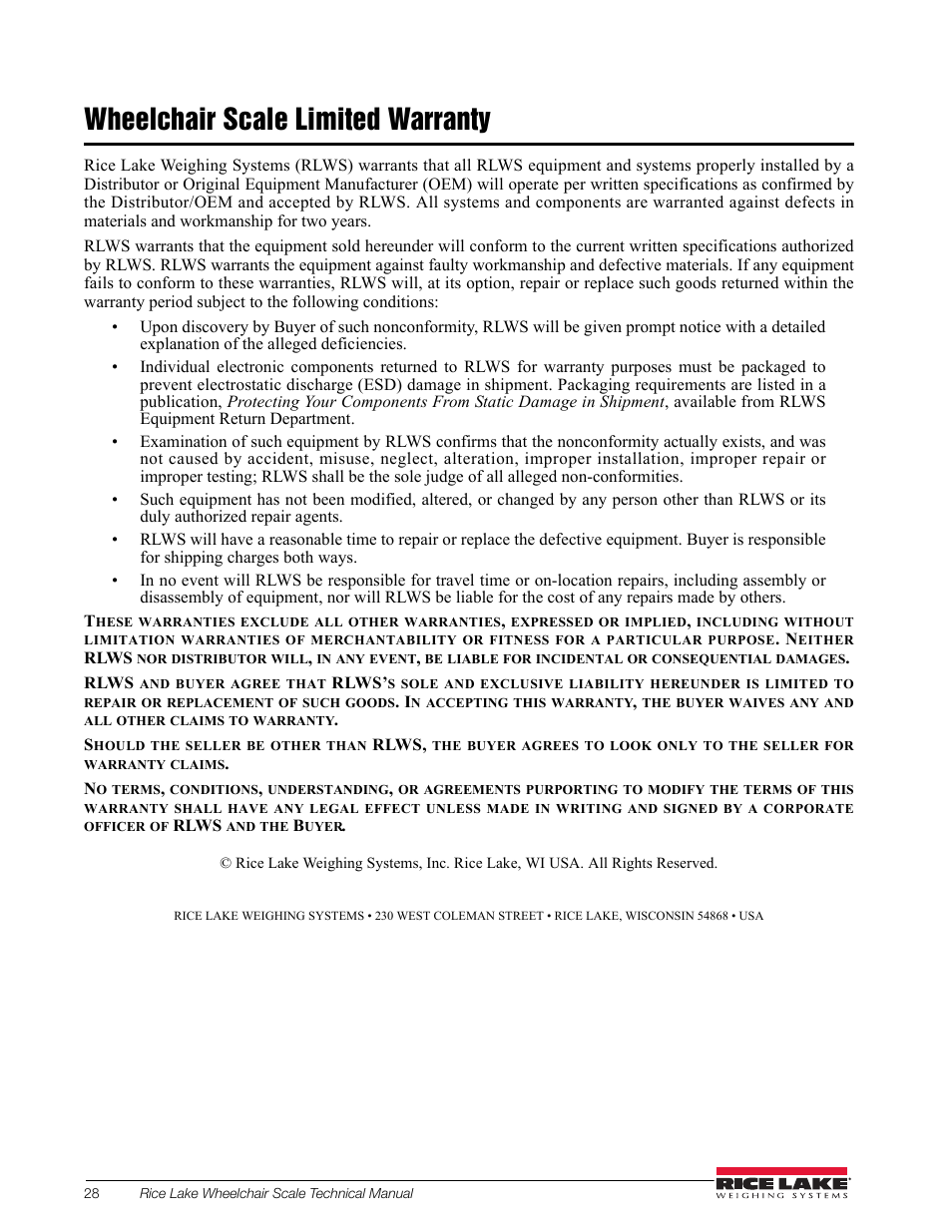 Wheelchair scale limited warranty | Rice Lake Dual Ramp Wheelchair Scale (350-10-3) - RL350-10 Technical & Operating Instructions User Manual | Page 32 / 34