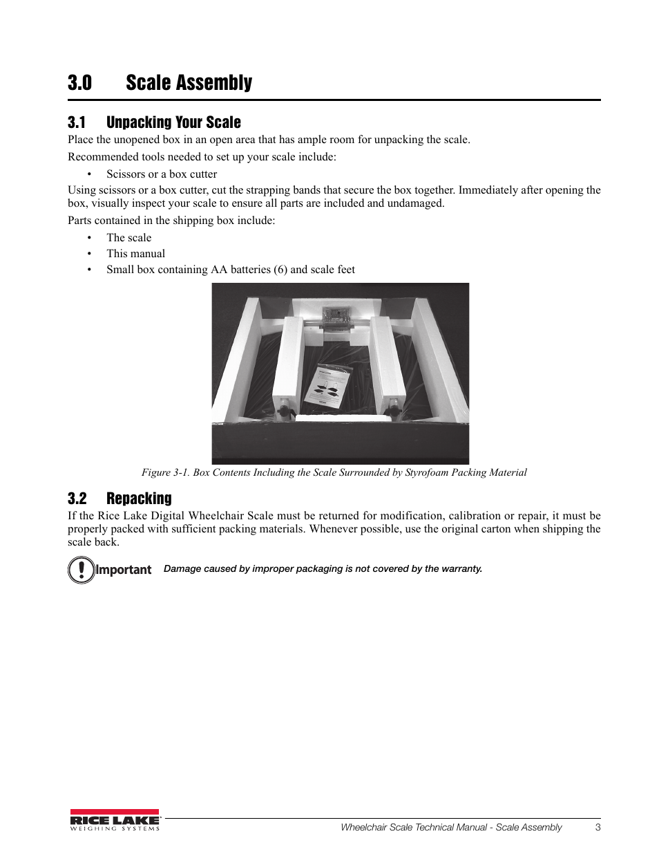 0 scale assembly, 1 unpacking your scale, 2 repacking | Rice Lake Dual Ramp Wheelchair Scale (350-10-3) - RL350-10 Technical & Operating Instructions User Manual | Page 7 / 34