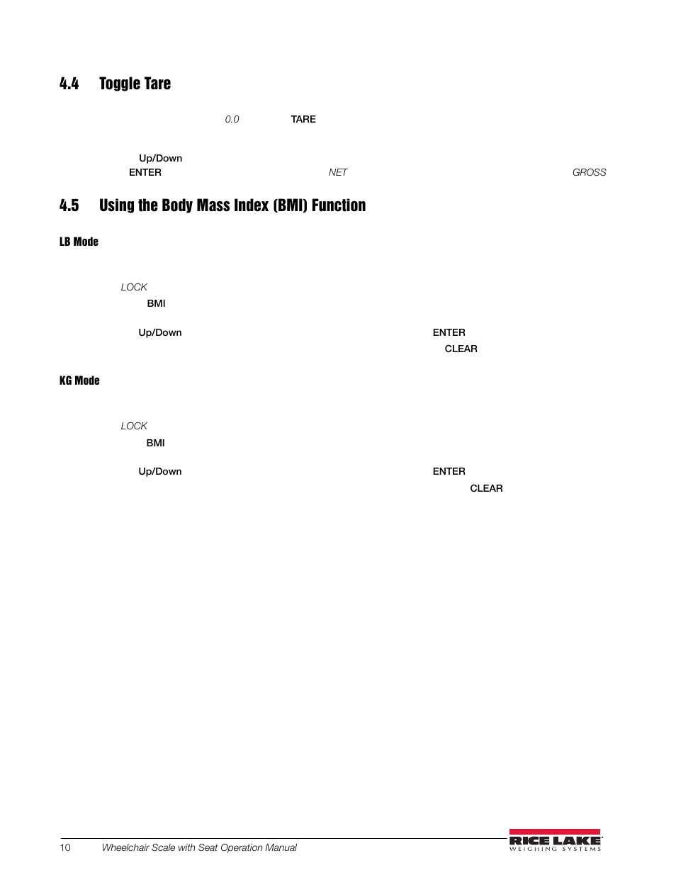 4 toggle tare, 5 using the body mass index (bmi) function | Rice Lake Dual Ramp Wheelchair Platform Scale with Seat (350-10-4) User Manual | Page 14 / 24