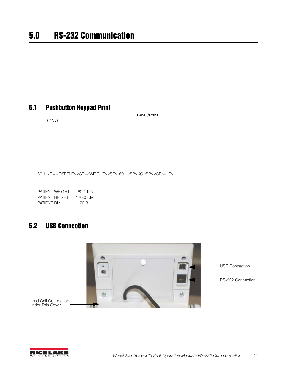 0 rs-232 communication, 1 pushbutton keypad print, 2 usb connection | Rice Lake Dual Ramp Wheelchair Platform Scale with Seat (350-10-4) User Manual | Page 15 / 24