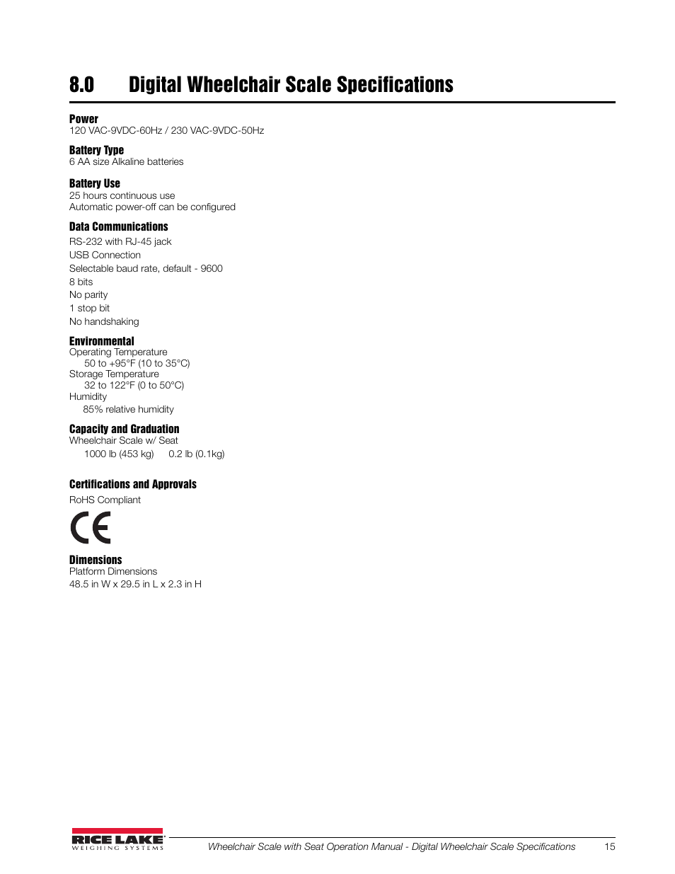 0 digital wheelchair scale specifications | Rice Lake Dual Ramp Wheelchair Platform Scale with Seat (350-10-4) User Manual | Page 19 / 24