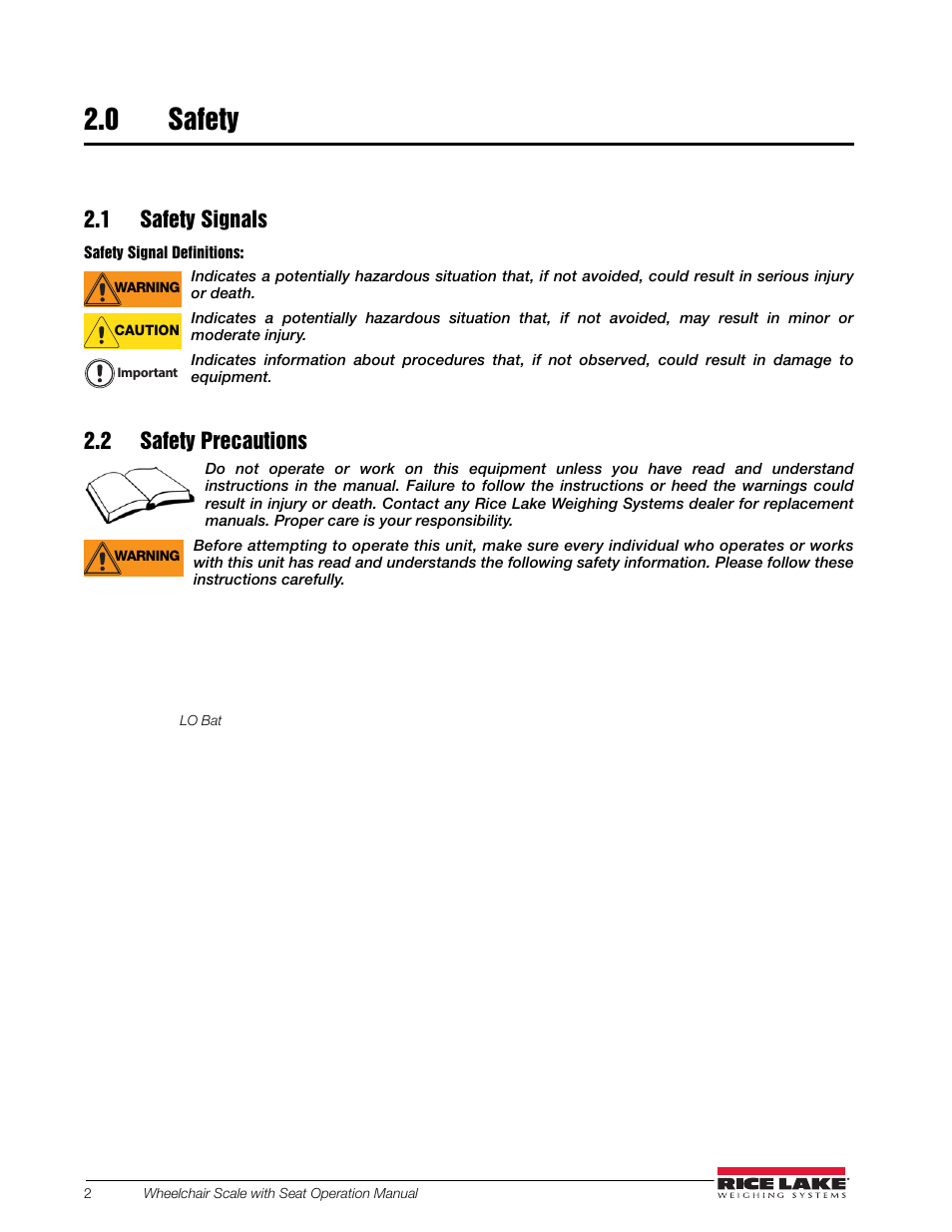 0 safety, 1 safety signals, 2 safety precautions | Rice Lake Dual Ramp Wheelchair Platform Scale with Seat (350-10-4) User Manual | Page 6 / 24