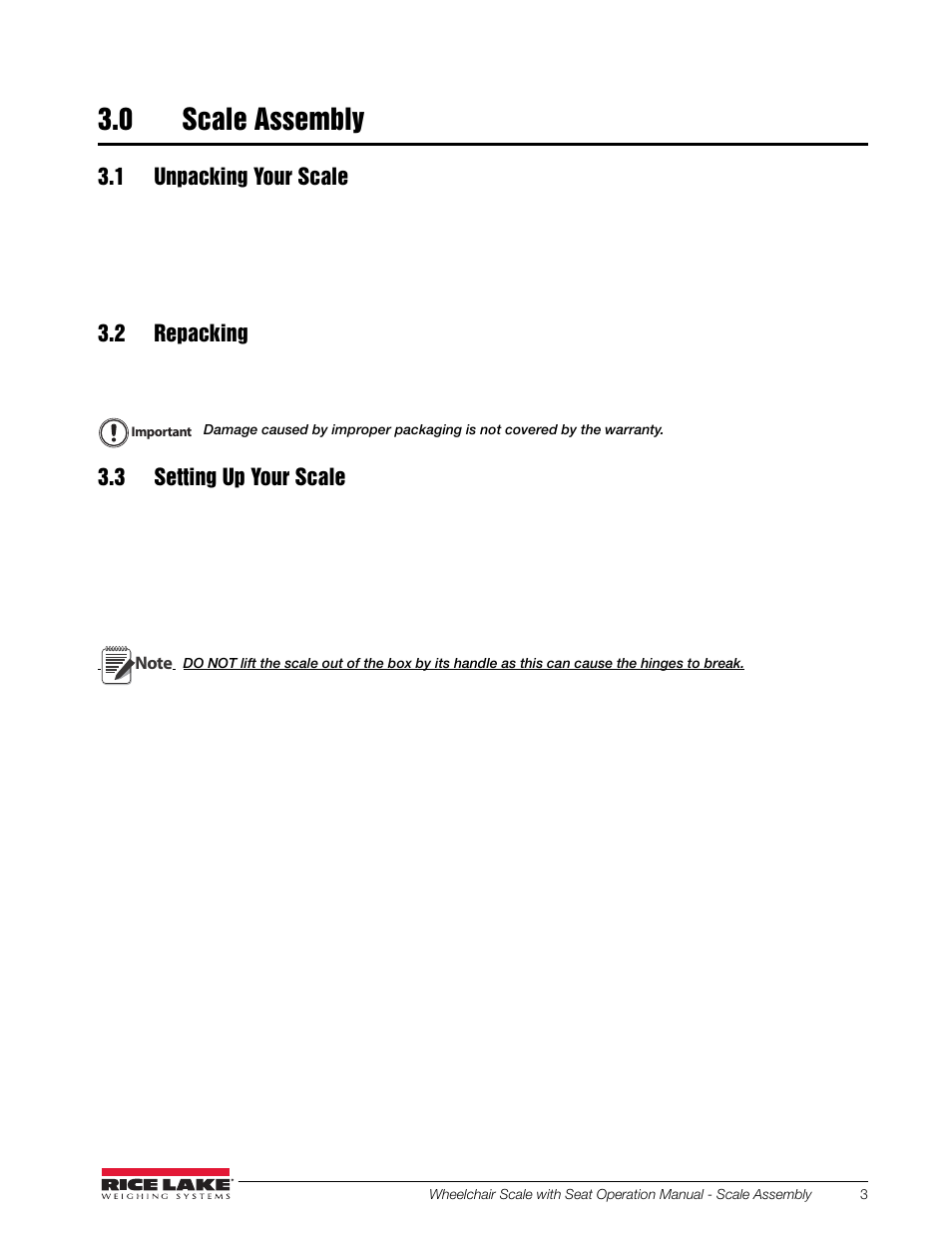 0 scale assembly, 1 unpacking your scale, 2 repacking | 3 setting up your scale | Rice Lake Dual Ramp Wheelchair Platform Scale with Seat (350-10-4) User Manual | Page 7 / 24