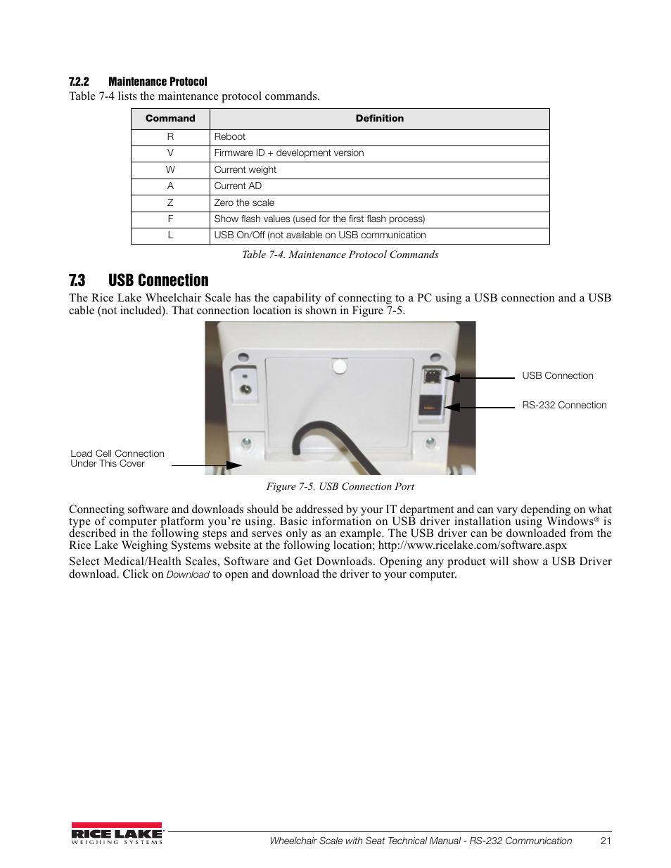 2 maintenance protocol, 3 usb connection | Rice Lake Dual Ramp Wheelchair Platform Scale with Seat (350-10-4) - Rice Lake User Manual | Page 25 / 34