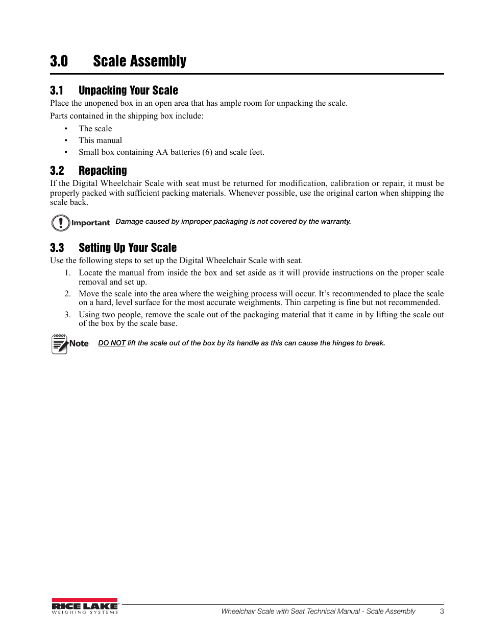 0 scale assembly, 1 unpacking your scale, 2 repacking | 3 setting up your scale | Rice Lake Dual Ramp Wheelchair Platform Scale with Seat (350-10-4) - Rice Lake User Manual | Page 7 / 34