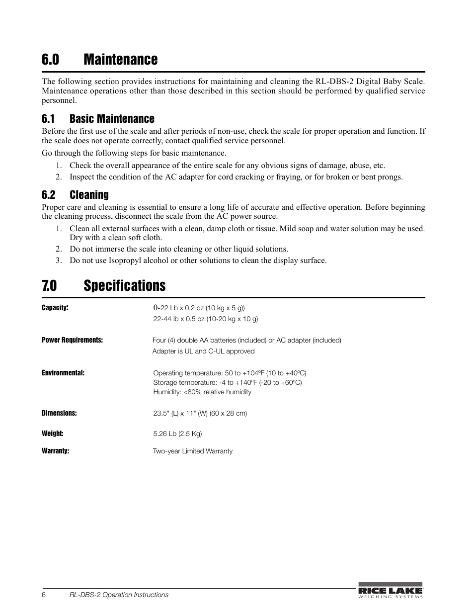 0 maintenance, 1 basic maintenance, 2 cleaning | 0 specifications | Rice Lake Dual Range Digital Baby Scale (RL-DBS-2) User Manual | Page 10 / 14