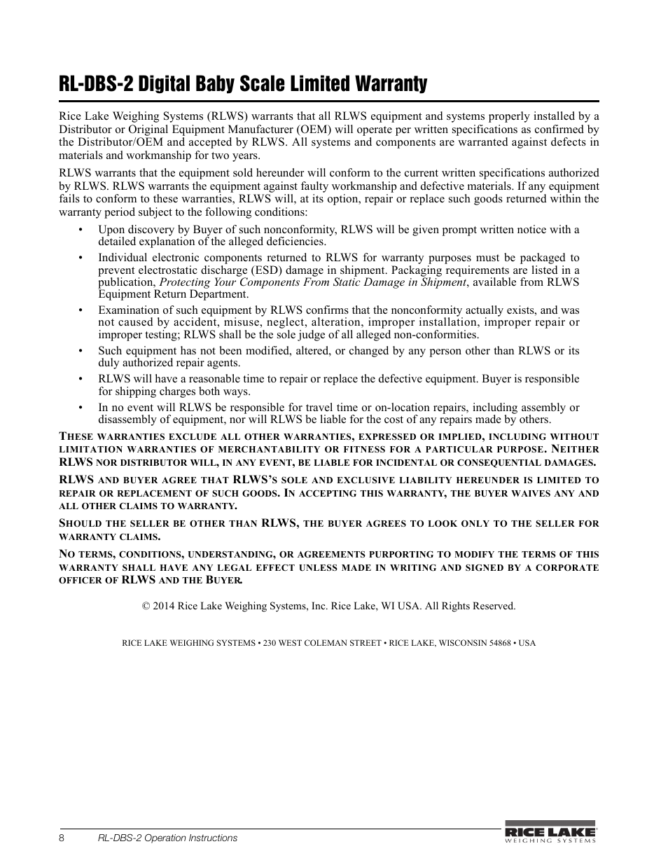 Rl-dbs-2 digital baby scale limited warranty | Rice Lake Dual Range Digital Baby Scale (RL-DBS-2) User Manual | Page 12 / 14