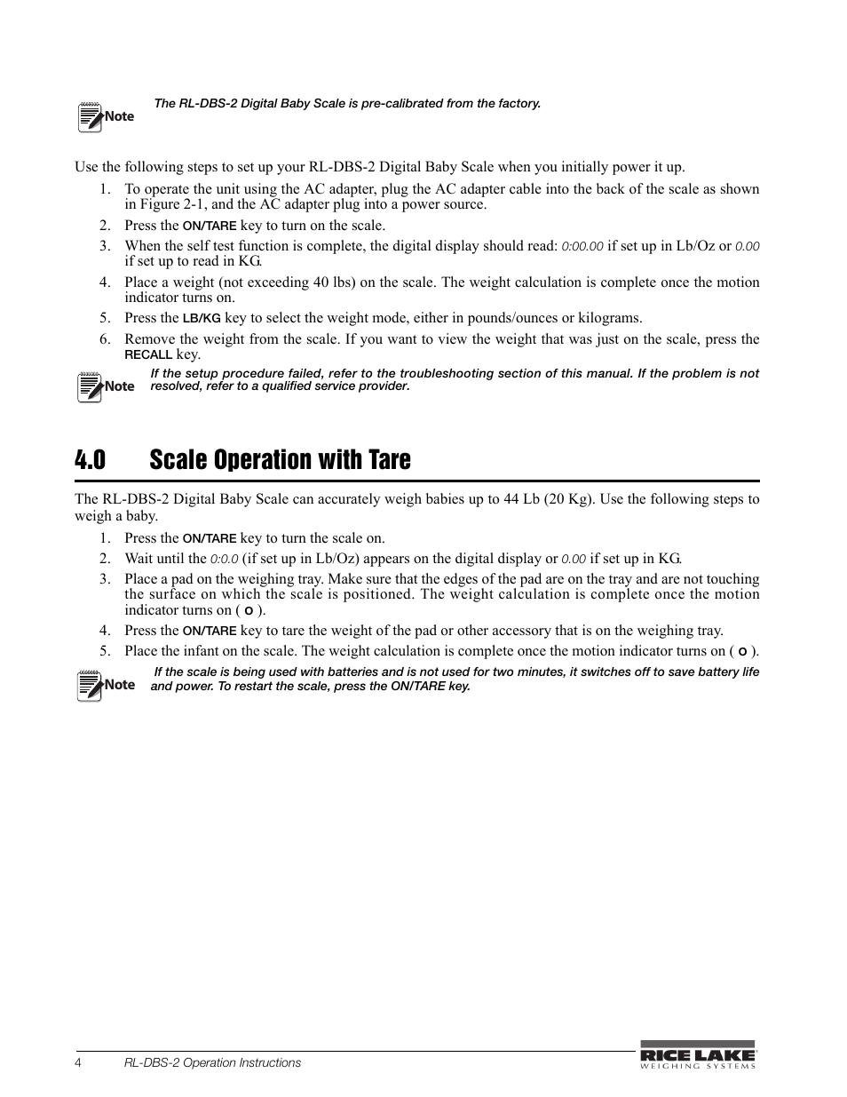 0 scale operation with tare | Rice Lake Dual Range Digital Baby Scale (RL-DBS-2) User Manual | Page 8 / 14