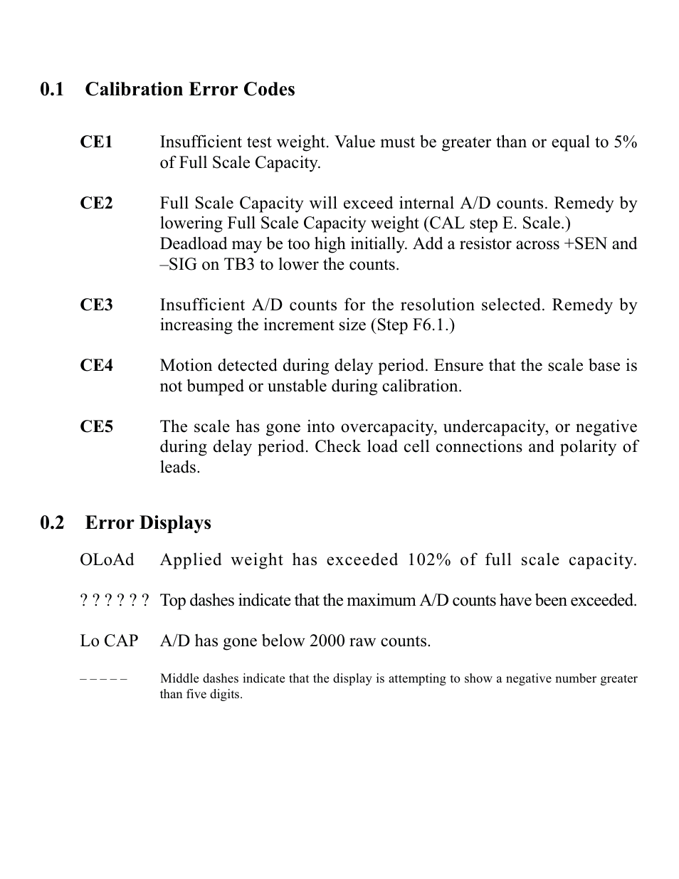 1 calibration error codes, 2 error displays | Rice Lake DWM-IV Digital Weighmeter Model 5 User Manual | Page 18 / 30