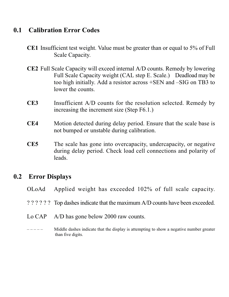 1 calibration error codes, 2 error displays | Rice Lake DWM-IV Digital Weighmeter Model 5 User Manual | Page 19 / 30