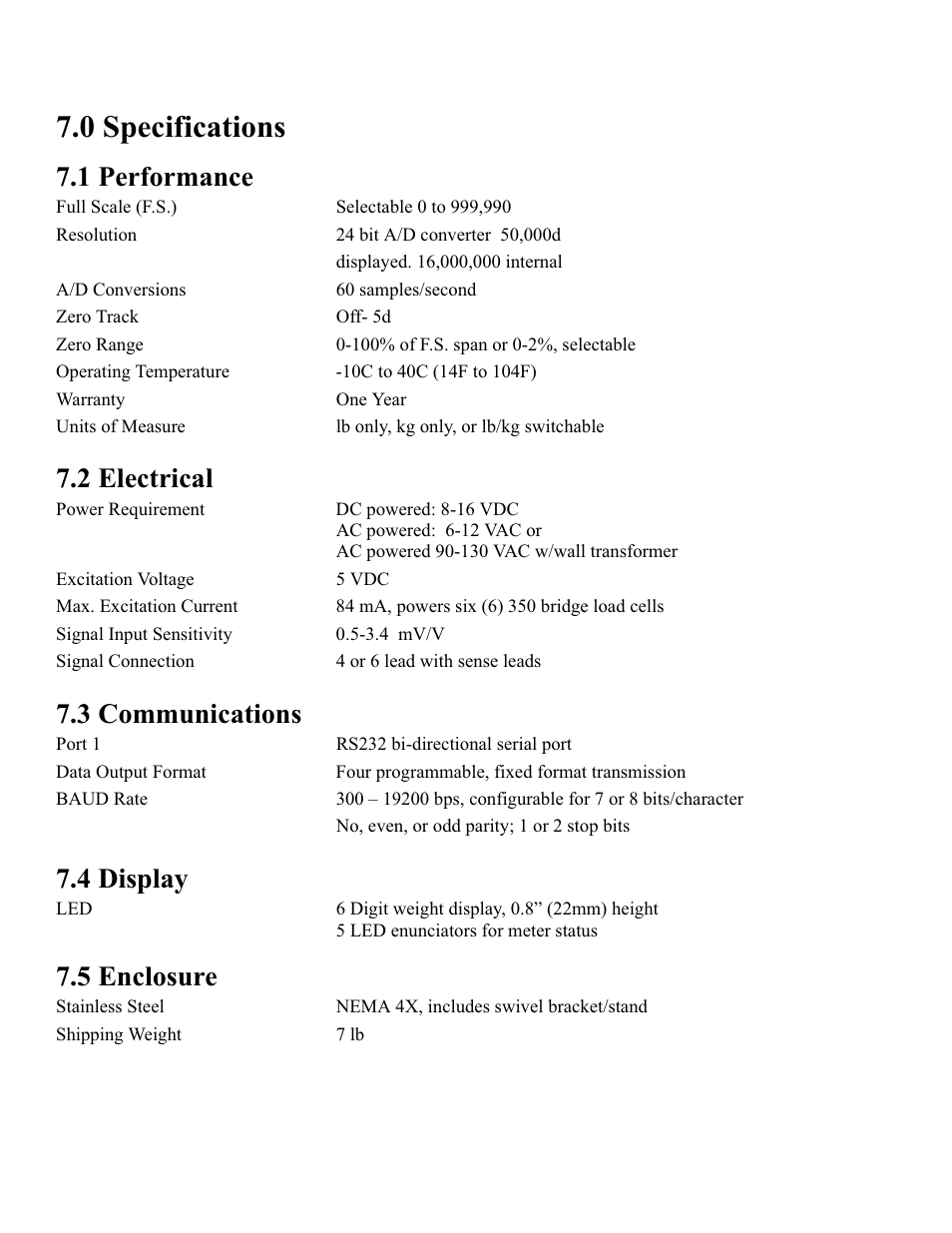 0 specifications, 1 performance, 2 electrical | 3 communications, 4 display, 5 enclosure | Rice Lake DWM-IV Digital Weighmeter Model 5 User Manual | Page 23 / 30