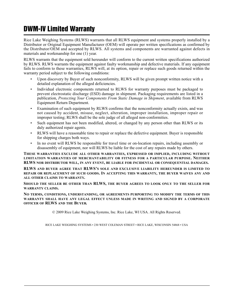 Dwm-iv limited warranty | Rice Lake DWM-IV Weighmeter Standard Operators Manual User Manual | Page 62 / 62