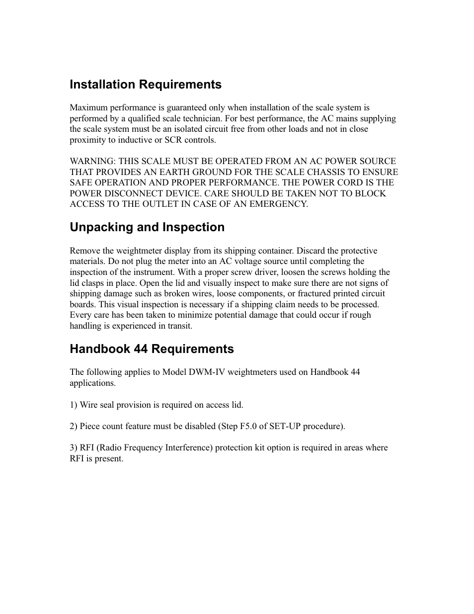 Installation requirements, Unpacking and inspection, Handbook 44 requirements | Rice Lake DWM-IV Weighmeter Standard Operators Manual User Manual | Page 9 / 62