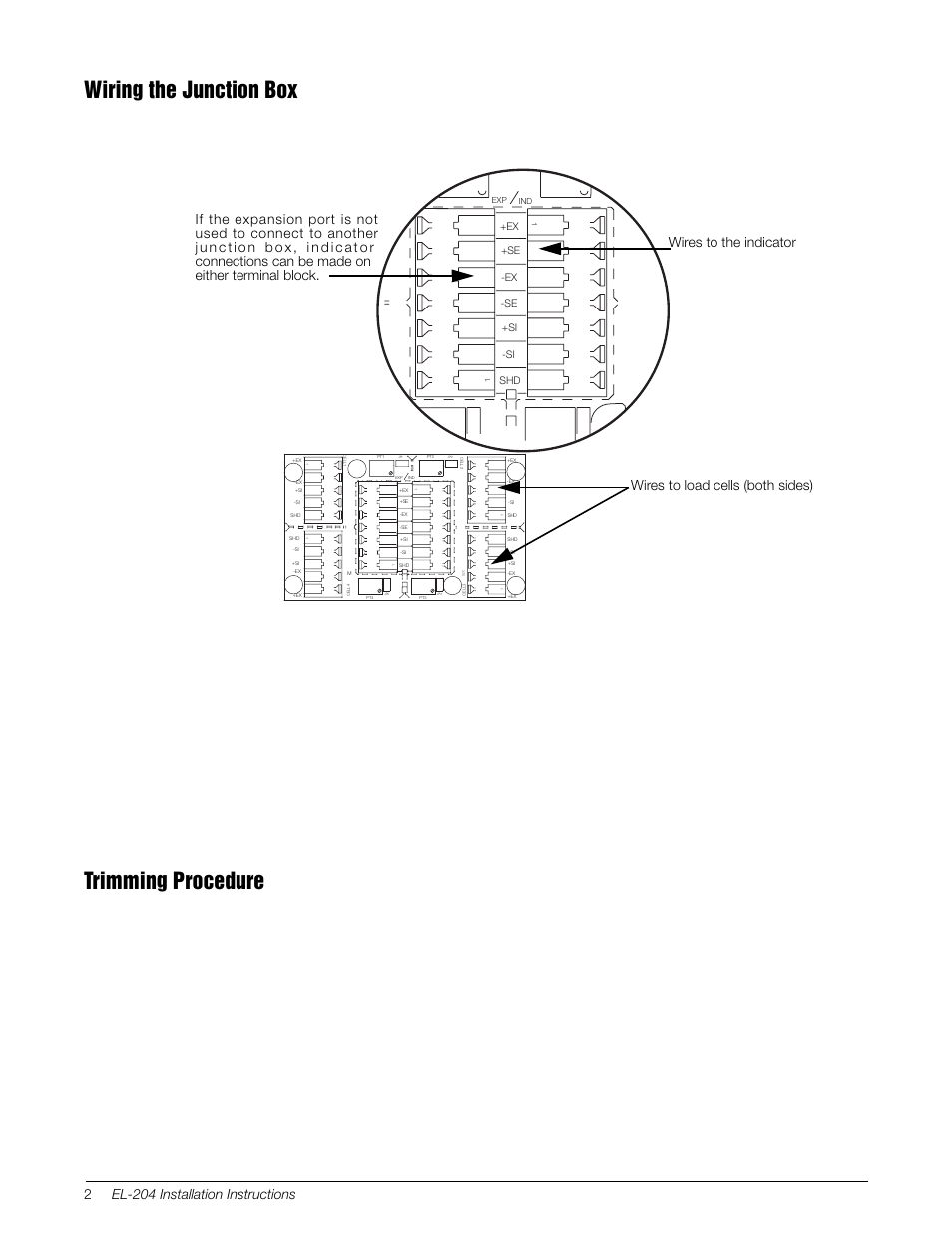 Wiring the junction box, Trimming procedure, Figure 3. expansion board wiring location | 2el-204 installation instructions | Rice Lake EL204 Signal Trim User Manual | Page 2 / 4