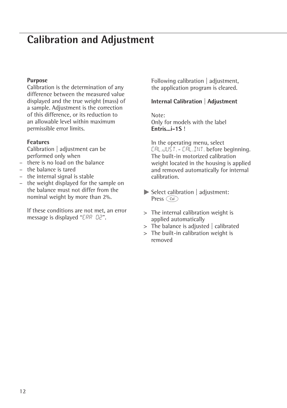 Calibration and adjustment | Rice Lake Entris, Sartorius Laboratory User Manual | Page 12 / 46