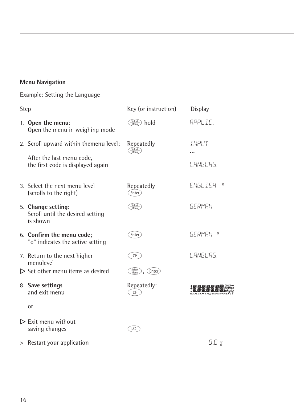 Menu navigation, Example: setting the language | Rice Lake Entris, Sartorius Laboratory User Manual | Page 16 / 46