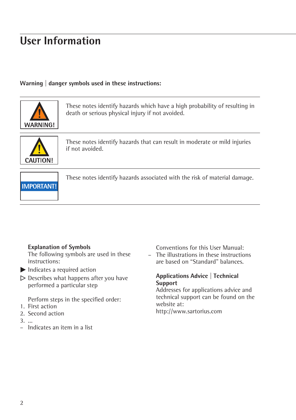 User information, Explanation of symbols, Applications advice | technical support | Rice Lake Entris, Sartorius Laboratory User Manual | Page 2 / 46