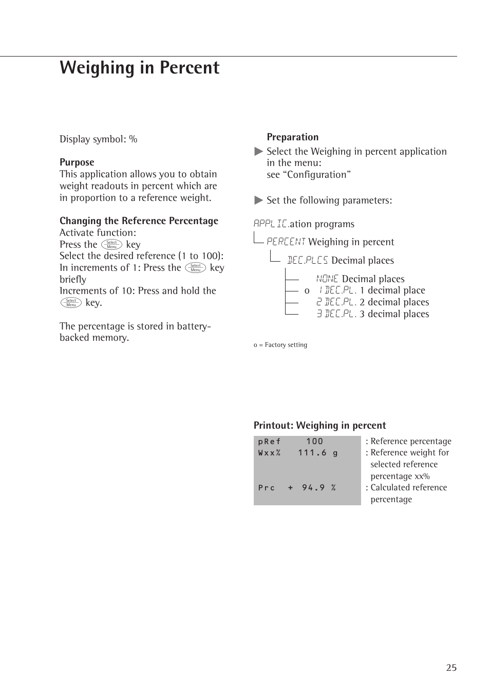 Weighing in percent | Rice Lake Entris, Sartorius Laboratory User Manual | Page 25 / 46
