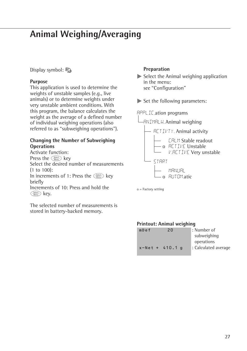 Animal weighing/averaging | Rice Lake Entris, Sartorius Laboratory User Manual | Page 27 / 46