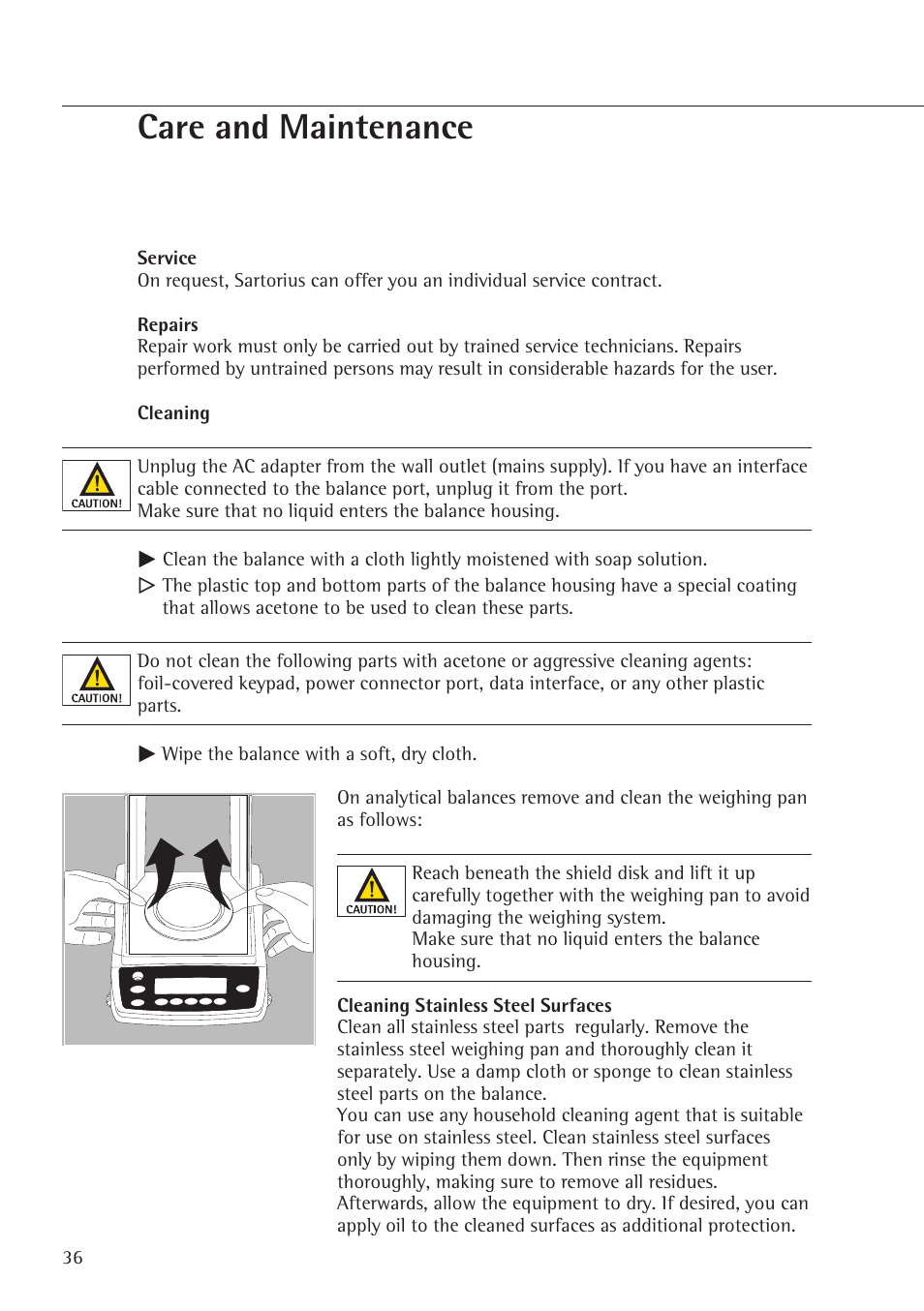 Care and maintenance | Rice Lake Entris, Sartorius Laboratory User Manual | Page 36 / 46