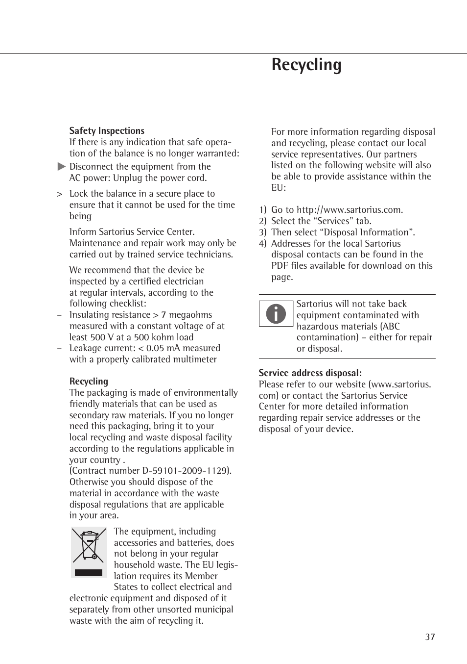 Recycling | Rice Lake Entris, Sartorius Laboratory User Manual | Page 37 / 46