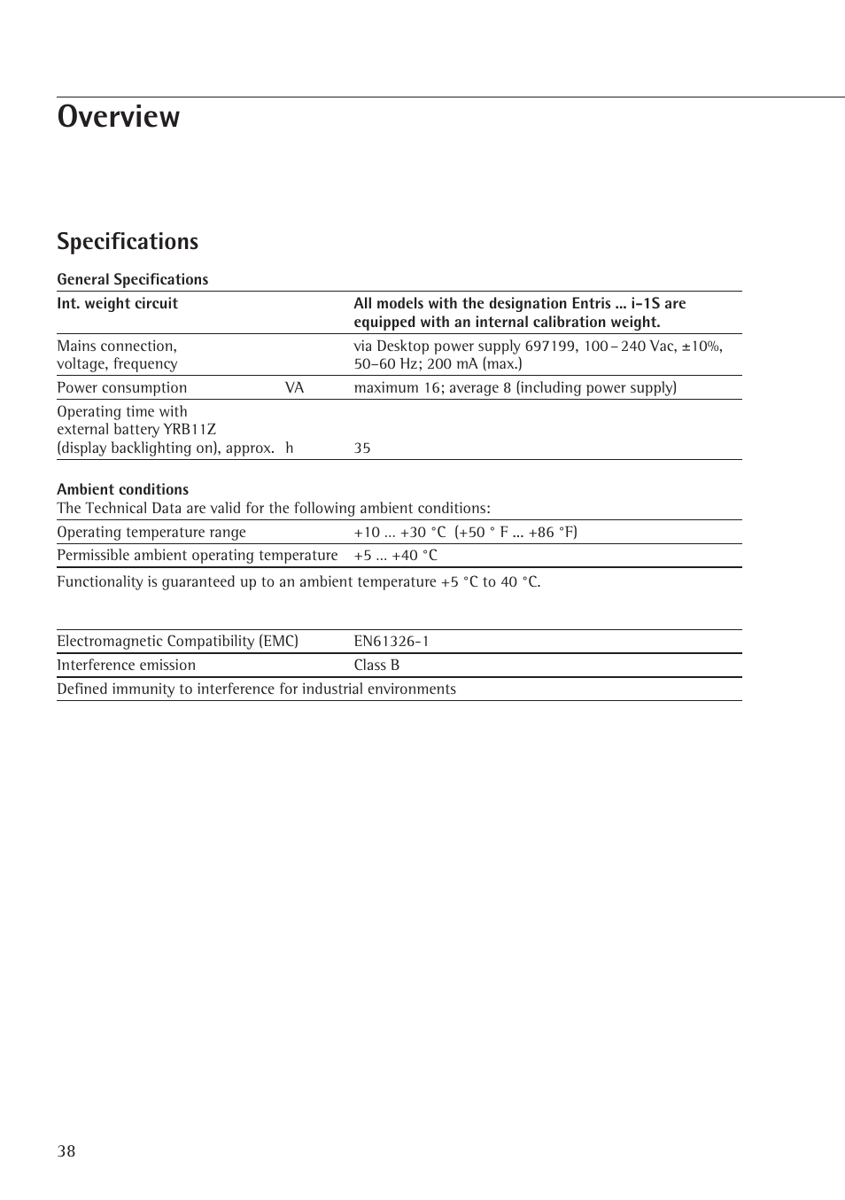 Overview, Specifications | Rice Lake Entris, Sartorius Laboratory User Manual | Page 38 / 46