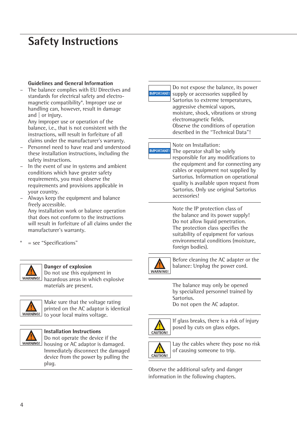 Safety instructions | Rice Lake Entris, Sartorius Laboratory User Manual | Page 4 / 46