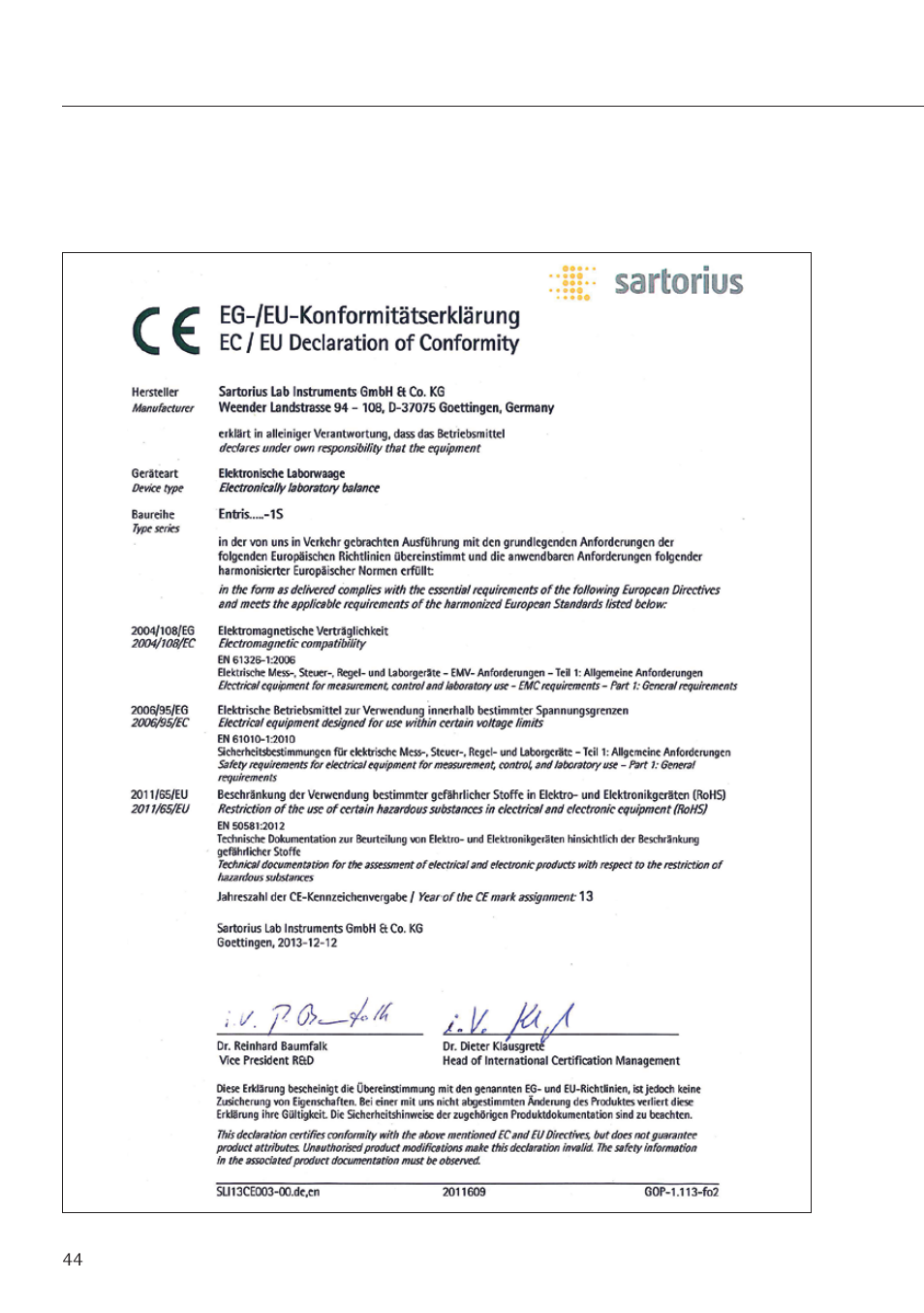 Ec declaration of conformity | Rice Lake Entris, Sartorius Laboratory User Manual | Page 44 / 46