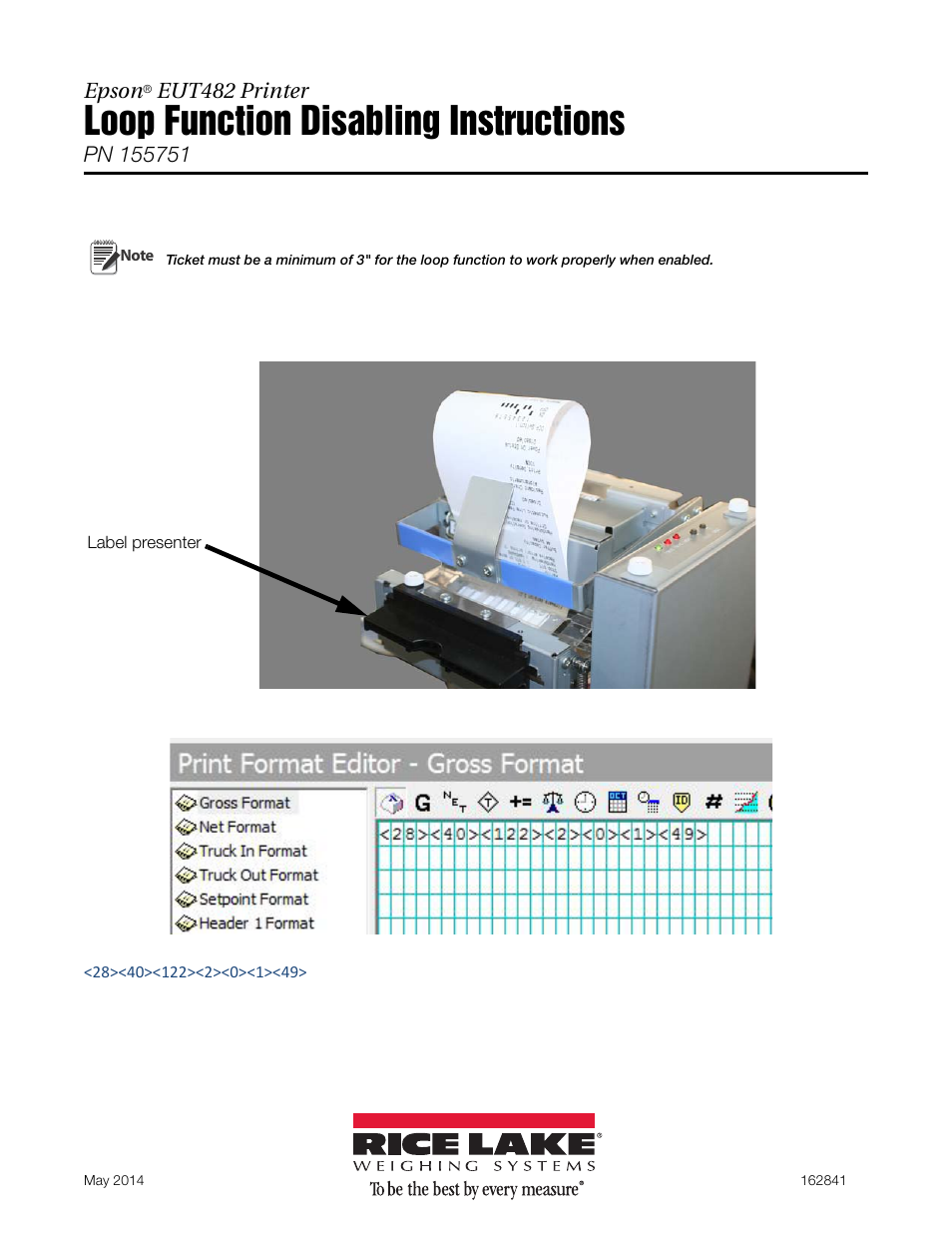 Rice Lake Epson EUT-482 Loop Function Disabling User Manual | 1 page