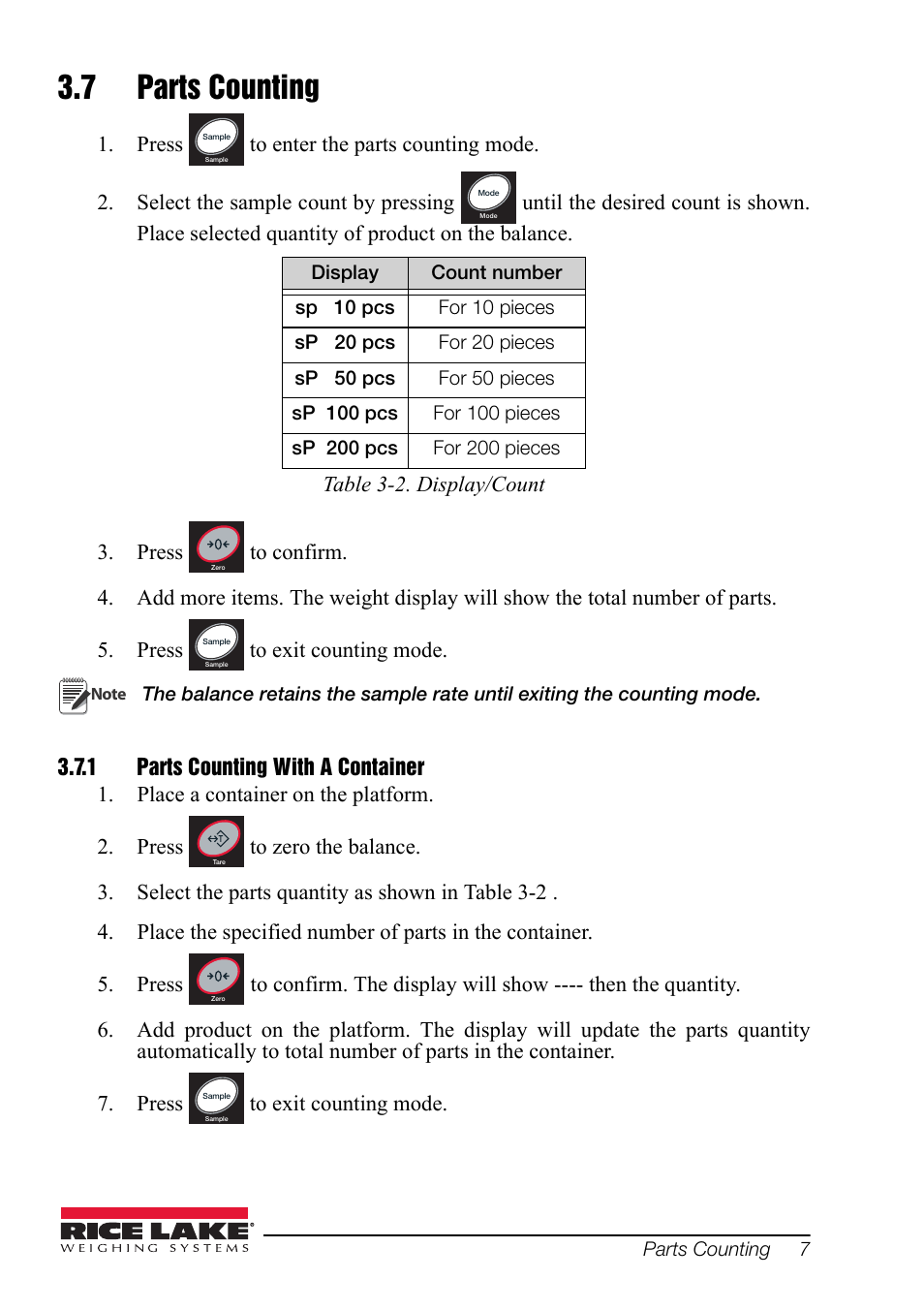 7 parts counting, 1 parts counting with a container, Parts counting | Parts counting with a container | Rice Lake Equipoise Series, Rice Lake Weighing Systems User Manual | Page 11 / 24