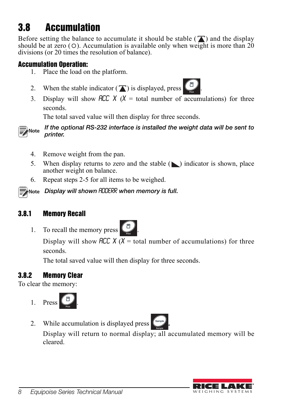 8 accumulation, 1 memory recall, 2 memory clear | Accumulation, Memory recall memory clear | Rice Lake Equipoise Series, Rice Lake Weighing Systems User Manual | Page 12 / 24