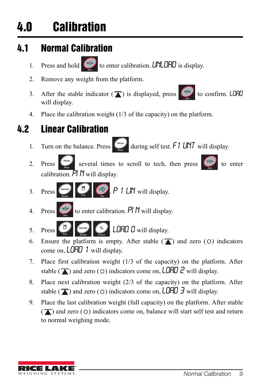 0 calibration, 1 normal calibration, 2 linear calibration | Calibration, Normal calibration linear calibration, Unload, F1 unt, Pi n, P 1 lin, Load 0 | Rice Lake Equipoise Series, Rice Lake Weighing Systems User Manual | Page 13 / 24