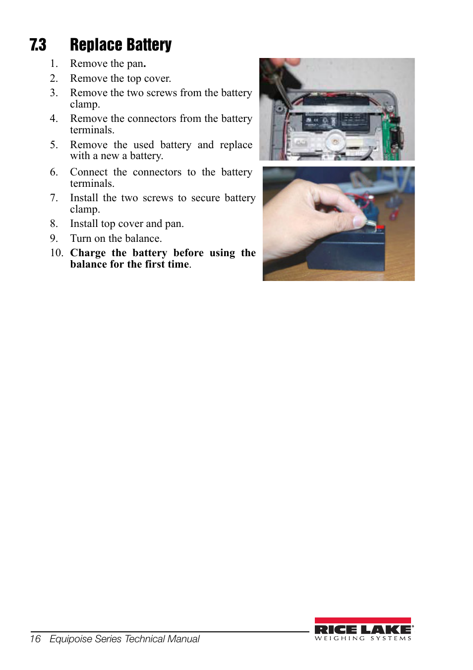 3 replace battery, Replace battery | Rice Lake Equipoise Series, Rice Lake Weighing Systems User Manual | Page 20 / 24