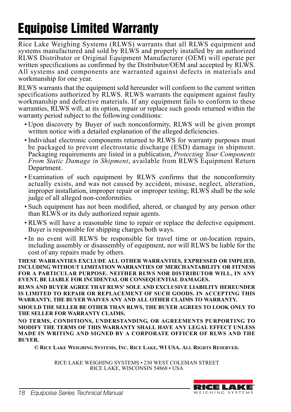 Equipoise limited warranty, Equipoise limited warranty18 | Rice Lake Equipoise Series, Rice Lake Weighing Systems User Manual | Page 22 / 24